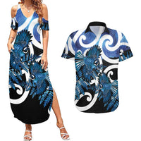 Piwakawaka New Zealand Matariki Couples Matching Summer Maxi Dress and Hawaiian Shirt Maori New Year Silver Fern Blue Galaxy LT14 Blue - Polynesian Pride