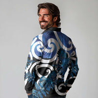 Piwakawaka New Zealand Matariki Long Sleeve Polo Shirt Maori New Year Silver Fern Blue Galaxy LT14 - Polynesian Pride
