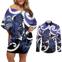 Piwakawaka New Zealand Matariki Couples Matching Off Shoulder Short Dress and Long Sleeve Button Shirt Maori New Year Silver Fern Purple Galaxy LT14 Purple - Polynesian Pride