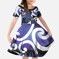 Piwakawaka New Zealand Matariki Family Matching Off Shoulder Short Dress and Hawaiian Shirt Maori New Year Silver Fern Purple Galaxy LT14 Daughter's Dress Purple - Polynesian Pride
