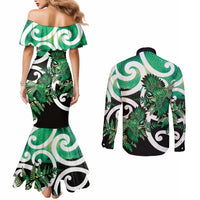 Piwakawaka New Zealand Matariki Couples Matching Mermaid Dress and Long Sleeve Button Shirt Maori New Year Silver Fern Green Galaxy LT14 - Polynesian Pride