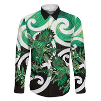 Piwakawaka New Zealand Matariki Family Matching Summer Maxi Dress and Hawaiian Shirt Maori New Year Silver Fern Green Galaxy LT14 Dad's Shirt - Long Sleeve Green - Polynesian Pride