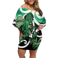 Piwakawaka New Zealand Matariki Off Shoulder Short Dress Maori New Year Silver Fern Green Galaxy LT14 Women Green - Polynesian Pride