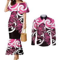Piwakawaka New Zealand Matariki Couples Matching Mermaid Dress and Long Sleeve Button Shirt Maori New Year Silver Fern Pink Galaxy LT14 Pink - Polynesian Pride