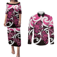 Piwakawaka New Zealand Matariki Couples Matching Puletasi and Long Sleeve Button Shirt Maori New Year Silver Fern Pink Galaxy LT14 Pink - Polynesian Pride