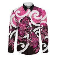 Piwakawaka New Zealand Matariki Family Matching Tank Maxi Dress and Hawaiian Shirt Maori New Year Silver Fern Pink Galaxy LT14 Dad's Shirt - Long Sleeve Pink - Polynesian Pride