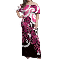 Piwakawaka New Zealand Matariki Off Shoulder Maxi Dress Maori New Year Silver Fern Pink Galaxy LT14 Women Pink - Polynesian Pride