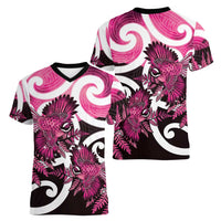 Piwakawaka New Zealand Matariki Women V-Neck T-Shirt Maori New Year Silver Fern Pink Galaxy LT14 - Polynesian Pride