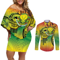 Hawaii Flag Day Couples Matching Off Shoulder Short Dress and Long Sleeve Button Shirt Kanaka Maoli With Kakau Polynesian Pattern LT14