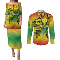 Hawaii Flag Day Couples Matching Puletasi and Long Sleeve Button Shirt Kanaka Maoli With Kakau Polynesian Pattern LT14 Green - Polynesian Pride