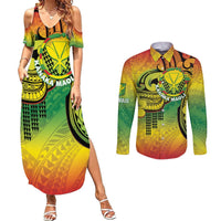 Hawaii Flag Day Couples Matching Summer Maxi Dress and Long Sleeve Button Shirt Kanaka Maoli With Kakau Polynesian Pattern LT14 Green - Polynesian Pride