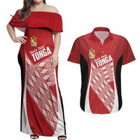 Tonga Rugby Custom Couples Matching Off Shoulder Maxi Dress and Hawaiian Shirt Go ʻIkale Tahi Go Tongan Tapa Cloth