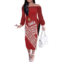 Tonga Rugby Custom Family Matching Off The Shoulder Long Sleeve Dress and Hawaiian Shirt Go ʻIkale Tahi Go Tongan Tapa Cloth