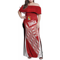 Tonga Rugby Custom Family Matching Off Shoulder Maxi Dress and Hawaiian Shirt Go ʻIkale Tahi Go Tongan Tapa Cloth LT14 Mom's Dress Red - Polynesian Pride