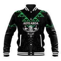Personalised Aotearoa Rugby Baseball Jacket New Zealand Maori Kete Matauranga Pattern LT14 Unisex Black - Polynesian Pride