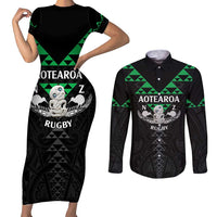 Personalised Aotearoa Rugby Couples Matching Short Sleeve Bodycon Dress and Long Sleeve Button Shirt New Zealand Maori Kete Matauranga Pattern LT14 Black - Polynesian Pride