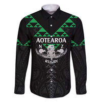Personalised Aotearoa Rugby Family Matching Off The Shoulder Long Sleeve Dress and Hawaiian Shirt New Zealand Maori Kete Matauranga Pattern LT14 Dad's Shirt - Long Sleeve Black - Polynesian Pride