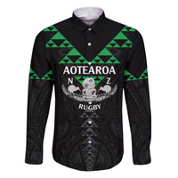 Personalised Aotearoa Rugby Family Matching Puletasi and Hawaiian Shirt New Zealand Maori Kete Matauranga Pattern LT14 Dad's Shirt - Long Sleeve Black - Polynesian Pride
