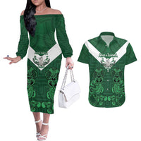 Custom Aotearoa Rugby Couples Matching Off The Shoulder Long Sleeve Dress and Hawaiian Shirt New Zealand Maori Kete Poutama Pattern LT14 Green - Polynesian Pride