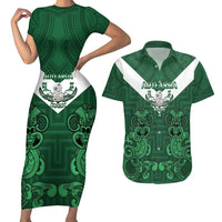 Custom Aotearoa Rugby Couples Matching Short Sleeve Bodycon Dress and Hawaiian Shirt New Zealand Maori Kete Poutama Pattern LT14 Green - Polynesian Pride