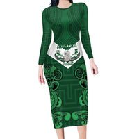 Custom Aotearoa Rugby Family Matching Long Sleeve Bodycon Dress and Hawaiian Shirt New Zealand Maori Kete Poutama Pattern LT14 Mom's Dress Green - Polynesian Pride