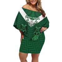 Custom Aotearoa Rugby Family Matching Off Shoulder Short Dress and Hawaiian Shirt New Zealand Maori Kete Poutama Pattern LT14 Mom's Dress Green - Polynesian Pride