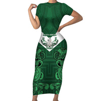 Custom Aotearoa Rugby Family Matching Short Sleeve Bodycon Dress and Hawaiian Shirt New Zealand Maori Kete Poutama Pattern LT14 Mom's Dress Green - Polynesian Pride