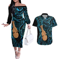 Kotiate New Zealand Couples Matching Off The Shoulder Long Sleeve Dress and Hawaiian Shirt Maori Weapon Paua Shell Haka Fern LT14 Turquoise - Polynesian Pride