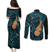 Kotiate New Zealand Couples Matching Puletasi and Long Sleeve Button Shirt Maori Weapon Paua Shell Haka Fern