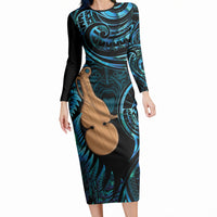 Kotiate New Zealand Long Sleeve Bodycon Dress Maori Weapon Paua Shell Haka Fern LT14 Long Dress Turquoise - Polynesian Pride