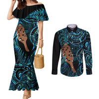 Maripi New Zealand Couples Matching Mermaid Dress and Long Sleeve Button Shirt Maori Weapon Paua Shell Haka Fern LT14 Turquoise - Polynesian Pride