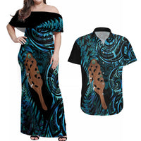Maripi New Zealand Couples Matching Off Shoulder Maxi Dress and Hawaiian Shirt Maori Weapon Paua Shell Haka Fern