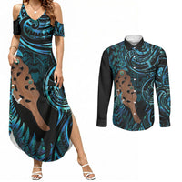 Maripi New Zealand Couples Matching Summer Maxi Dress and Long Sleeve Button Shirt Maori Weapon Paua Shell Haka Fern LT14 Turquoise - Polynesian Pride