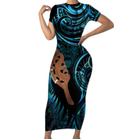Maripi New Zealand Family Matching Short Sleeve Bodycon Dress and Hawaiian Shirt Maori Weapon Paua Shell Haka Fern LT14 Mom's Dress Turquoise - Polynesian Pride
