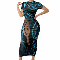 Maripi New Zealand Short Sleeve Bodycon Dress Maori Weapon Paua Shell Haka Fern LT14 Long Dress Turquoise - Polynesian Pride