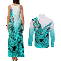 Hawaii Couples Matching Tank Maxi Dress and Long Sleeve Button Shirts Polynesian Shark Tattoo With Plumeria Turquoise Gradient LT14 - Polynesian Pride