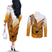 Hawaii Couples Matching Off The Shoulder Long Sleeve Dress and Long Sleeve Button Shirts Polynesian Shark Tattoo With Plumeria Orange Gradient LT14 - Polynesian Pride