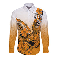 Hawaii Long Sleeve Button Shirt Polynesian Shark Tattoo With Plumeria Orange Gradient LT14 Unisex Orange - Polynesian Pride