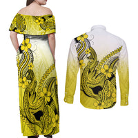 Hawaii Couples Matching Off Shoulder Maxi Dress and Long Sleeve Button Shirts Polynesian Shark Tattoo With Plumeria Yellow Gradient LT14 - Polynesian Pride