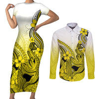 Hawaii Couples Matching Short Sleeve Bodycon Dress and Long Sleeve Button Shirts Polynesian Shark Tattoo With Plumeria Yellow Gradient LT14 Yellow - Polynesian Pride