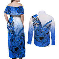 Hawaii Couples Matching Off Shoulder Maxi Dress and Long Sleeve Button Shirts Polynesian Shark Tattoo With Plumeria Blue Gradient LT14 - Polynesian Pride