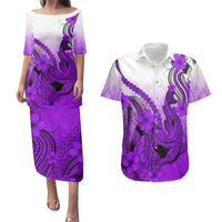 Hawaii Couples Matching Puletasi Dress and Hawaiian Shirt Polynesian Shark Tattoo With Plumeria Purple Gradient LT14 Purple - Polynesian Pride