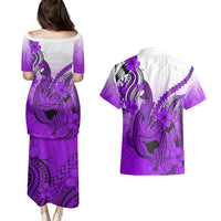 Hawaii Couples Matching Puletasi Dress and Hawaiian Shirt Polynesian Shark Tattoo With Plumeria Purple Gradient LT14 - Polynesian Pride