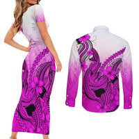 Hawaii Couples Matching Short Sleeve Bodycon Dress and Long Sleeve Button Shirts Polynesian Shark Tattoo With Plumeria Pink Gradient LT14 - Polynesian Pride