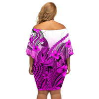 Hawaii Off Shoulder Short Dress Polynesian Shark Tattoo With Plumeria Pink Gradient LT14 - Polynesian Pride