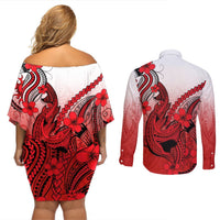 Hawaii Couples Matching Off Shoulder Short Dress and Long Sleeve Button Shirts Polynesian Shark Tattoo With Plumeria Red Gradient LT14 - Polynesian Pride