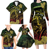 Personalised Hawaii Nene Goose Family Matching Long Sleeve Bodycon Dress and Hawaiian Shirt Hawaiian Map Hibiscus Polynesian Art - Reggae Gradient LT14 - Polynesian Pride