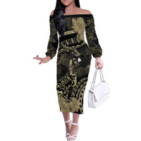 Personalised Hawaii Nene Goose Family Matching Off The Shoulder Long Sleeve Dress and Hawaiian Shirt Hawaiian Map Hibiscus Polynesian Art - Beige LT14 Mom's Dress Beige - Polynesian Pride