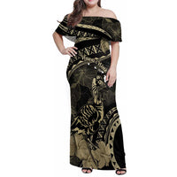 Personalised Hawaii Nene Goose Family Matching Off Shoulder Maxi Dress and Hawaiian Shirt Hawaiian Map Hibiscus Polynesian Art - Beige LT14 Mom's Dress Beige - Polynesian Pride