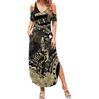 Personalised Hawaii Nene Goose Family Matching Summer Maxi Dress and Hawaiian Shirt Hawaiian Map Hibiscus Polynesian Art - Beige LT14 Mom's Dress Beige - Polynesian Pride